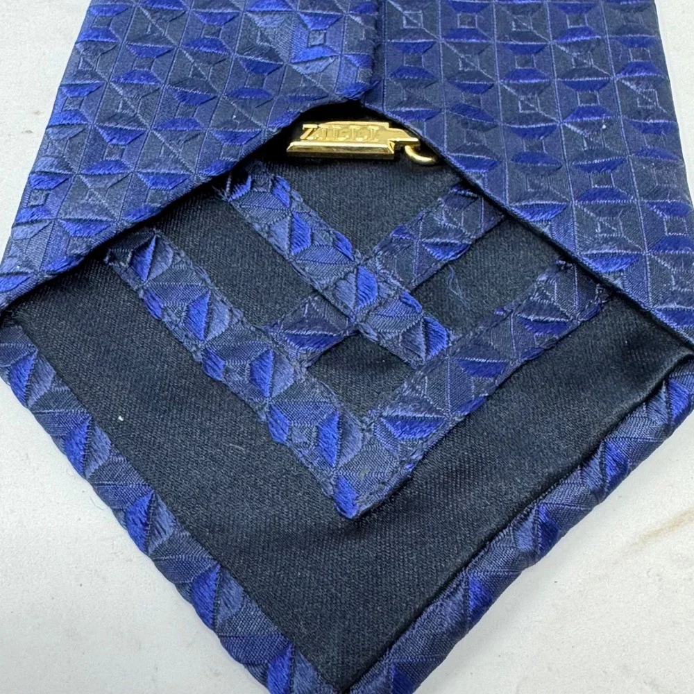 Zilli Mens Blue Silk Geometric Diamond Pattern Handmade Tie Made in Italy
